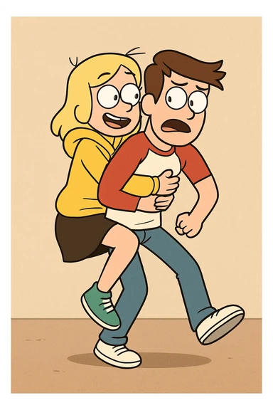 A man Raglan sleeves with Red t-shirts blue jeans white shoes carried by a cute a girl yellow hoodie black skirt green shoe  sticker