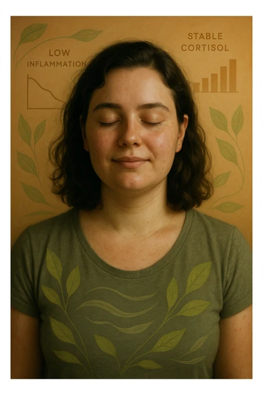 Realistic and cinematic vertical 2:3 portrait of a serene woman with PCOS, showing low inflammation and stable cortisol thanks to healthy nutrition. Positive atmosphere with subtle symbols of hormonal balance and low inflammation, such as health charts or visual health elements, very few writings. sticker