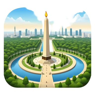 Cinematic Realistic Monas Landmark Emoji, showcasing the National Monument in Jakarta, a towering obelisk with a golden flame, set within a lush park under a clear, radiant sky. sticker