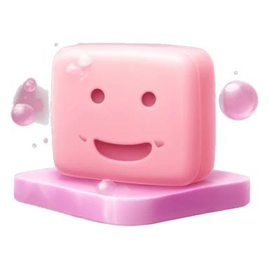 Light pink soap bar sitting on a soap holder, with soap bubbles  sticker