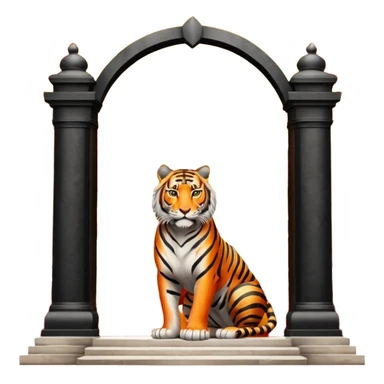 Traditional Chinese ink painting style emoji. A powerful tiger (like the ancient character 虎), standing guard in front of mystical gates (門). Energy swirls around him like a vortex (🌀). Minimalist, transparent background, 512x512 pixels. sticker