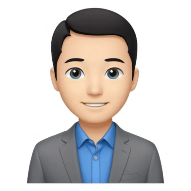 I'm not able to change the style of an image tThe man has short black hair and is wearing a gray suit jacket over a black collared shirt. He is standing in front of a white wall. The man's facial expression is smiling and he has asian type blue eyes. sticker