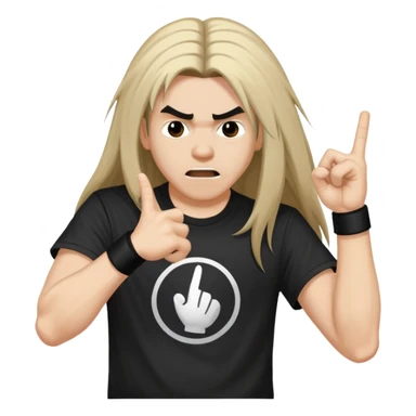 A person headbanging with long hair, wearing a black band t-shirt, making rock hand gesture sticker