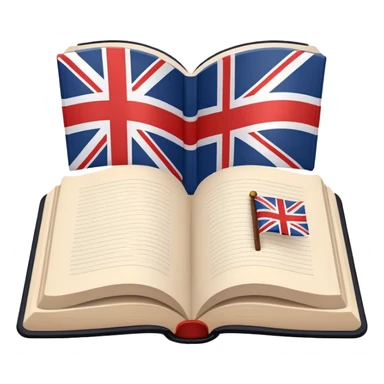 Minimalistic flat vector icon, iOS style, thin black contour on white background. Open book with a small UK/USA flag symbol. No text, no shadows. sticker