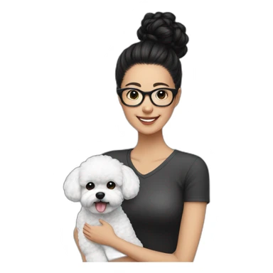 woman-black hair-bun-with glasses-with bichon dog-white-smile sticker