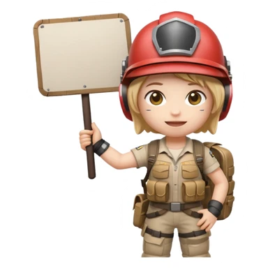 Create a cute emoji-style PUBG Mobile character, chibi version with helmet and backpack, standing in victory pose, holding a blank white sign or paper sheet in both hands in front of chest, ready for text, clean white background, simple emoji design” sticker