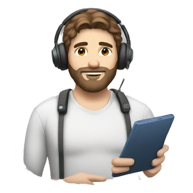 A man with brown hair and beard using a headset sticker