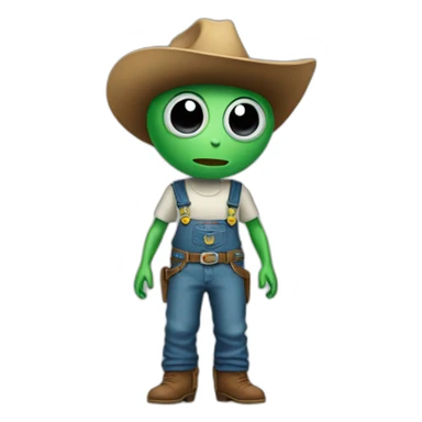 alien wearing a cowboy hat and overalls sticker