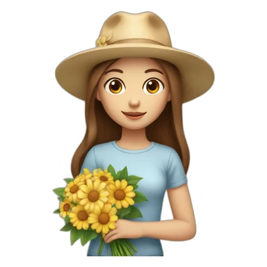 white skin, Girl with a hat, brown hair straight to the shoulders, holding a bouquet of flowers sticker