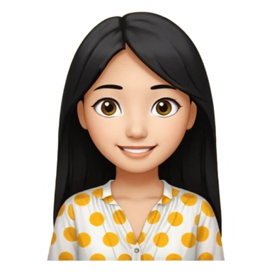 20 yr old asian woman hair white blouse with black dots center part big eyes big smile tanned skin straight black hair hippie part hair  sticker
