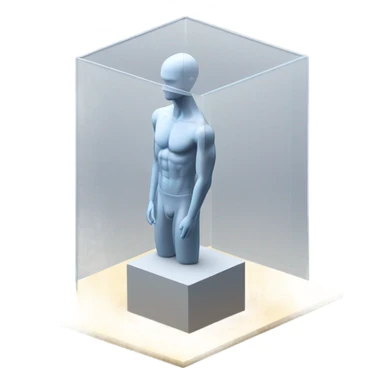 male mannequin abs cubes inside a glass cube on a stand isometric view sticker