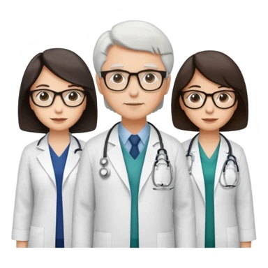 Four doctors standing together:

a female doctor with dark-colored short bob hair,

a young male doctor,

an older male doctor with white hair wearing glasses,

and a female doctor wearing glasses. sticker