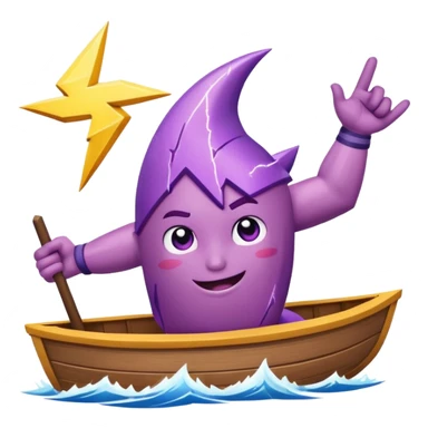 a buff purple anthropamorphic lightning bolt sailing away on a boat sticker
