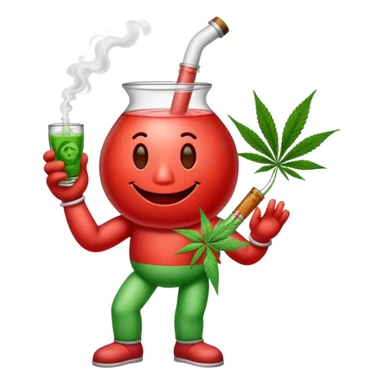 Kool-Aid Man character with legs smoking a bong with cannabis leaf nearby sticker