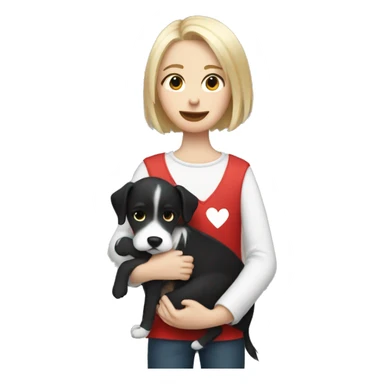Tom boy with short blonde hair hugging a black and white dog with long hair, red heart  sticker