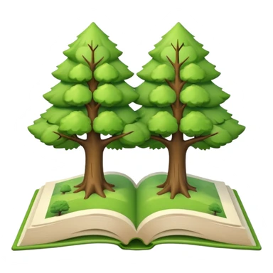 A 3D cartoon open book showing illustrations of two trees—one green and one dry—clean background, soft shadows, realistic Memoji-style look. sticker