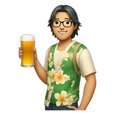 Japanese wearing roundglasses alohashirt is holding beer sticker