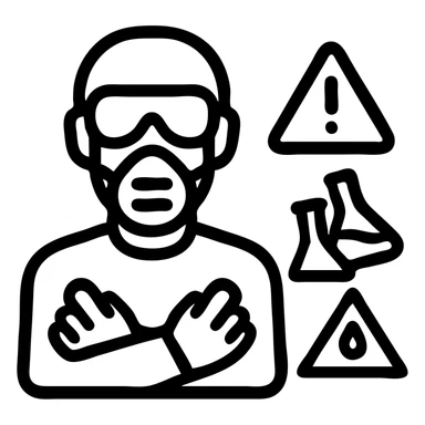 bold, easy-to-read icon for a chemical factory showing a person in full PPE including goggles, gloves, mask with a warning triangle and chemical hazard symbols sticker