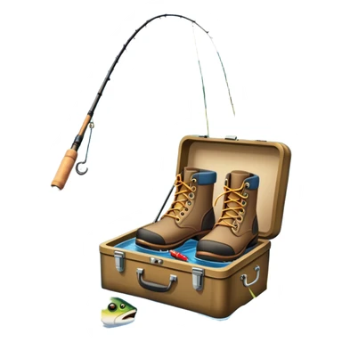 Icon for Fishing Travel: a fishing rod, tackle box, boots, and a boat by a serene lake, with fish jumping out of the water and surrounded by lush nature. The icon should capture the peaceful and adventurous spirit of fishing trips. Transparent background. sticker