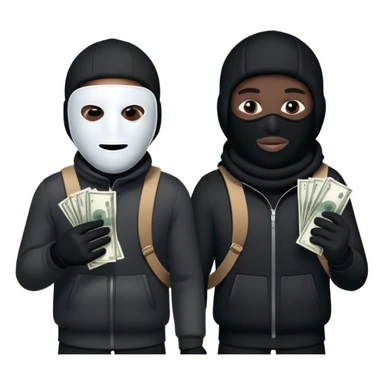 Two men one with white skin color and the other black skin color and both wearing black Ski masks holding money bag sticker
