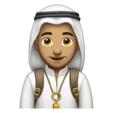 Arab wearing traditional white clothes with a backpack sticker