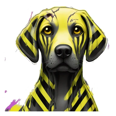 .Zombie_ Vaporwave black holographic oilslick zombie yellow Labrador zombie dog yellow caution tape graffiti stripes yellow and black stripes sticker