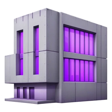Rectangular gray concrete building with purple UV light shining from a single window, urban brutalist architecture sticker