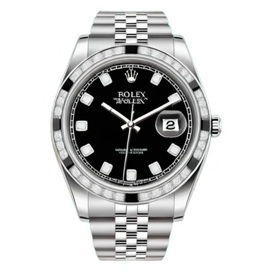 "Flat design emoji icon of a luxury silver Rolex Datejust watch, fully iced out with diamonds on the case and Jubilee bracelet, diamond pavé dial with black Roman numerals, isolated on a green circular background, clean vector style, high resolution." sticker
