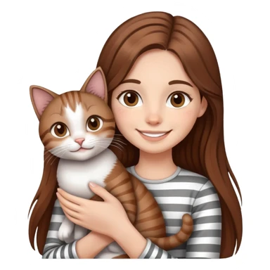 smiling girl with long hair holding a cat with silver stripes sticker
