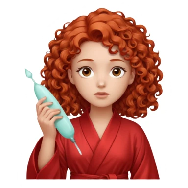 Cartoon emoji of a girl with voluminous curly red hair, fair skin, warm brown eyes. Wearing a chic milky silk robe with long sleeves, no makeup. Portrait mode, holding a gua sha, looking doubtful and unsure. Smooth, simple, stylized." sticker