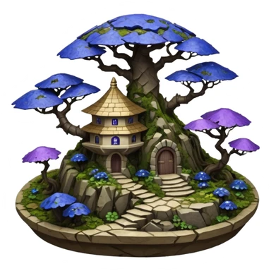  Ancient saucer-castle-house jungle winding trail mountainside getaway haunted nighttime landscape antique mudman very old broken cracked intricately detailed Stone Age lapis-crusted irregular dodecagon-shaped shallow dark moss rough bark violet flowered maple bonsai Saikei scene  sticker