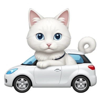 Please create a small emoji the size of 🚗 featuring a pure white cat with blue eyes on a white car viewed from side. Again it is necessary that the emoji must be extremely small, much smaller than a standard sized sticker. sticker
