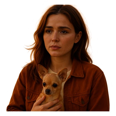 Portrait of a woman inspired by the facial features visible in the reference images, with a tanned complexion and subtle freckles. She wears a shirt in color #FFF8CA and a rust-colored jacket. Her hair is medium-length brown with auburn highlights. She has a pensive and melancholic expression, holding a beige-brown chihuahua. The style is inspired by a Netflix series, with a transparent background. The ambiance is a Tenerife sunset, creating an intimate and sincere universe like an Instagram diary. sticker