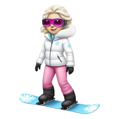 Princess Elsa snowboarding wearing a fluffy white jacket and pink pants and metal goggles sticker