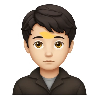 This avatar of boy has tightly curled dark hair styled upward, a rounded face with golden-brown eyes, and a neutral expression sticker
