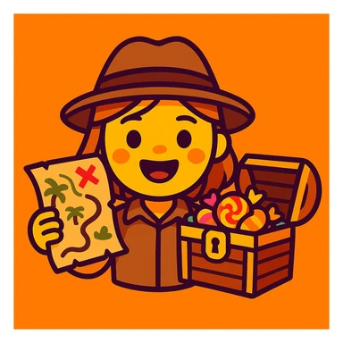 Create an emoji in a vibrant toon style that conveys the atmosphere of a short story about a girl who found a treasure map and went on an adventure with friends. Include elements of adventure such as a treasure map, a chest filled with candies, and a friendly, joyful atmosphere. Maintain a cartoonish style with bright colors, capturing the spirit of fun and exploration. sticker