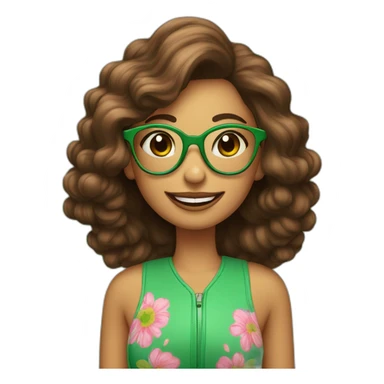 Chica pelo encima hombro y color marrón con gafas verdes, sonrisa amplia y labios pintados de rosa sticker