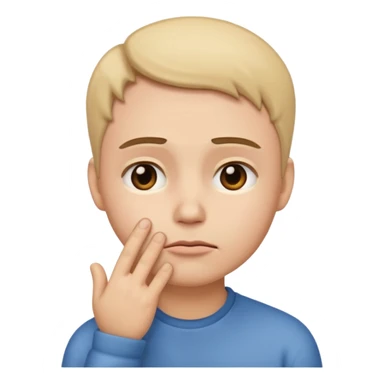 Genera un emoji estilo Apple que represente inseguridad física: un rostro neutral mirando hacia abajo, con cejas ligeramente inclinadas y una mano tocándose la mejilla como si dudara de sí mismo. Expresión suave, triste pero empática sticker