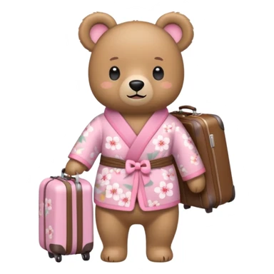 A cute light-brown bear wearing a pastel pink sakura-patterned kimono, normal balanced body ratio.  
Pulling a small suitcase with cheerful excited eyes, backpack on the back, ready for a trip.  
Kawaii emoji style, minimalistic clean sticker illustration, white background. sticker