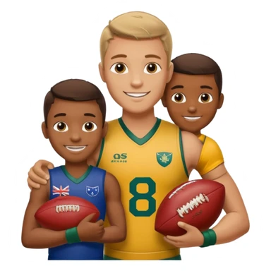 A sportsman has his arm around a young fan and they are holding a AFL sherrin, they are in australian colours, they are smiling, one is white and one is brown sticker