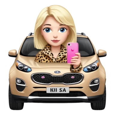 a blondie queen Arina in a leopard fur and pink iPhone on her kia Sportage car. blue eyes sticker