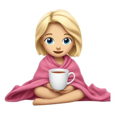 Cute blonde little girl blue eyes cup of tea pink blanket sticker