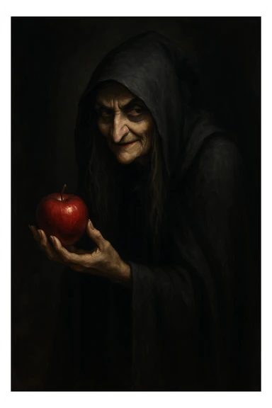 Snow White witch, classic fairytale villain, holding a red apple, dark cloak, mysterious expression sticker