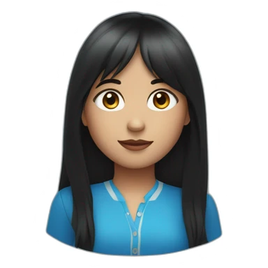 girl with long black hair, thick bangs, blue eyes, red vest and shirt sticker