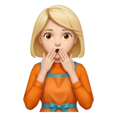 scared woman with her hands on her mouth, different background, more details, sideways pose, orange apron sticker