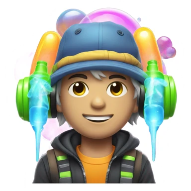 Caucasian boy at rave wearing a glowing outfit and hat with bubble guns in each hand sticker