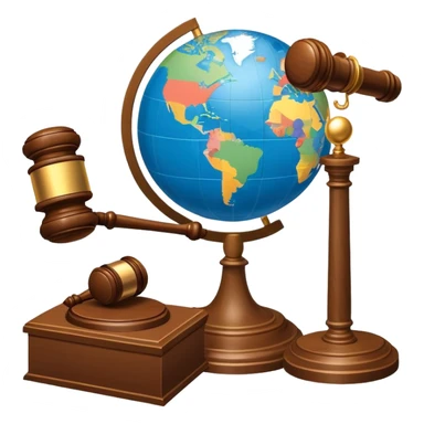 An icon featuring a globe with a gavel and a political map, symbolizing political science. The design includes a ballot box and a podium, representing democracy and governance. Transparent background highlights the study of political systems and global relations. sticker