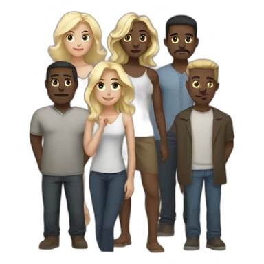 six dark-skinned men stand in a row behind a pale blonde woman sticker
