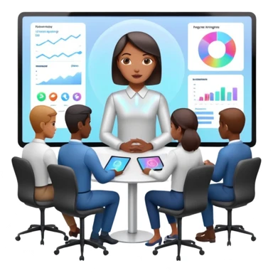 the AI-Enabled Workplace, team meeting with holographic displays, AI presence sticker