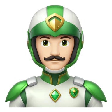 Green power ranger in white costume with a mustache, helmet with green visor sticker